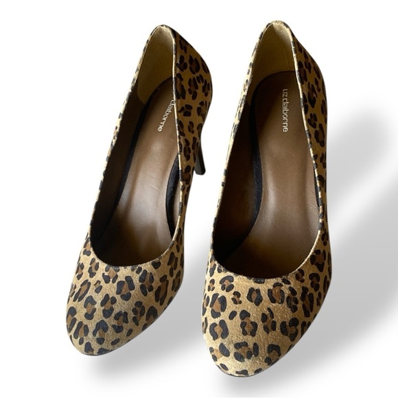 LIZ CLAIBORNE Leather/Suede Leopard Animal Print Wooden Heel 3.5” NWOT Brown Bl… - Picture 8 of 11